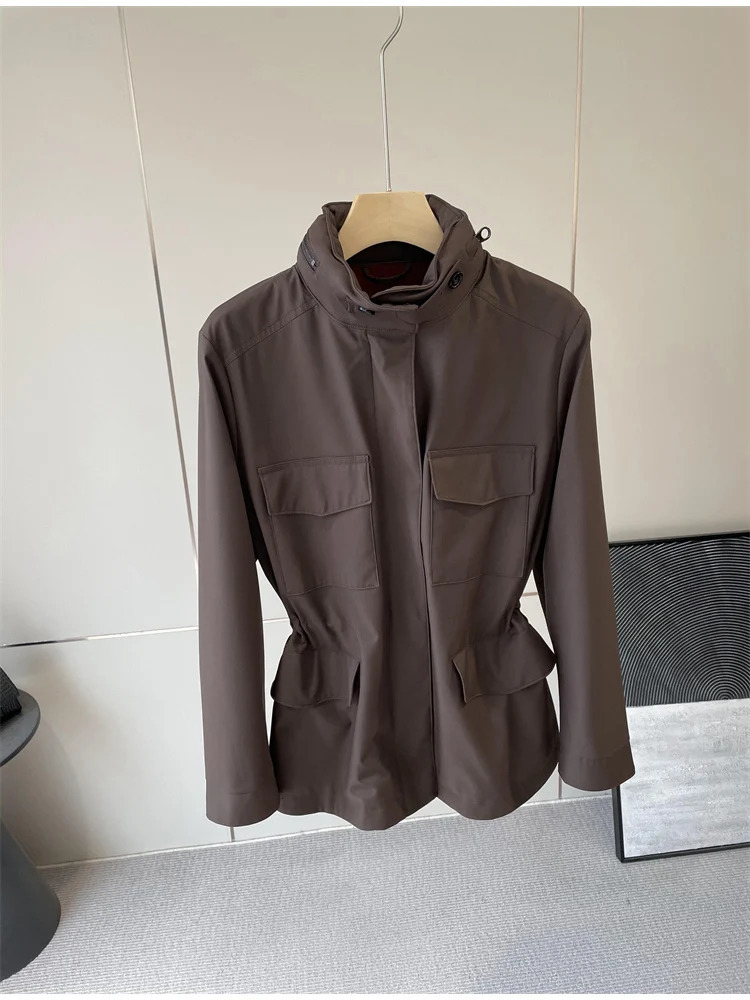 Womens Waterproof Windproof Pocket Waist Short Windbreaker Jacket 250728