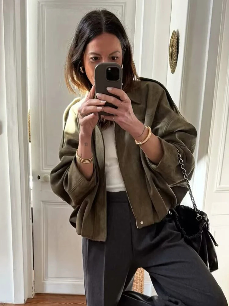 Oversize Women Soft Suede Jackets Fashion Ladies Casual Loose Army Green Outfits for Jogging Female Chic Jacket Clothes 250805