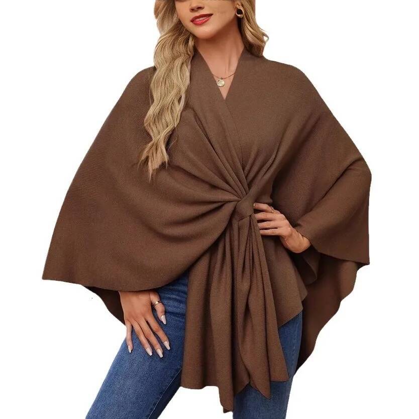 Women's Trendy Autumn And Winter Loose V-Neck Cape Elegant Shawl Wraps Casual Solid Color Soft Open Front Poncho bat shirt dongdumaoyi