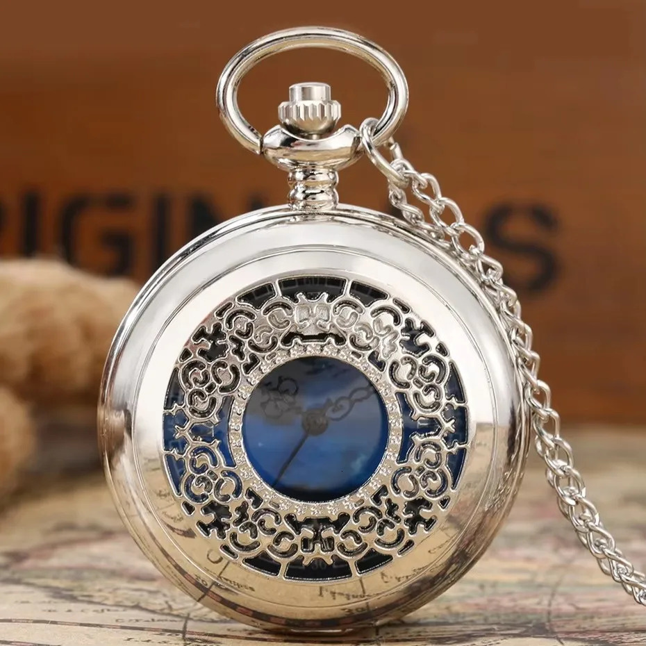 Starry Blue Dial Pendant Bronze Hollow Quartz Pocket Watch Roman Numerals Retro Watch 250807