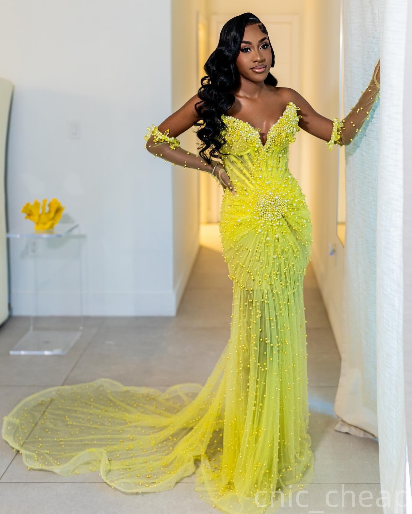 Mermaid Yellow Prom Dresses 2025 Pearls Rhinestones Sweetheart Evening Formal Party Second Birthday Engagement Gowns Plus Size Dress For Special Occas