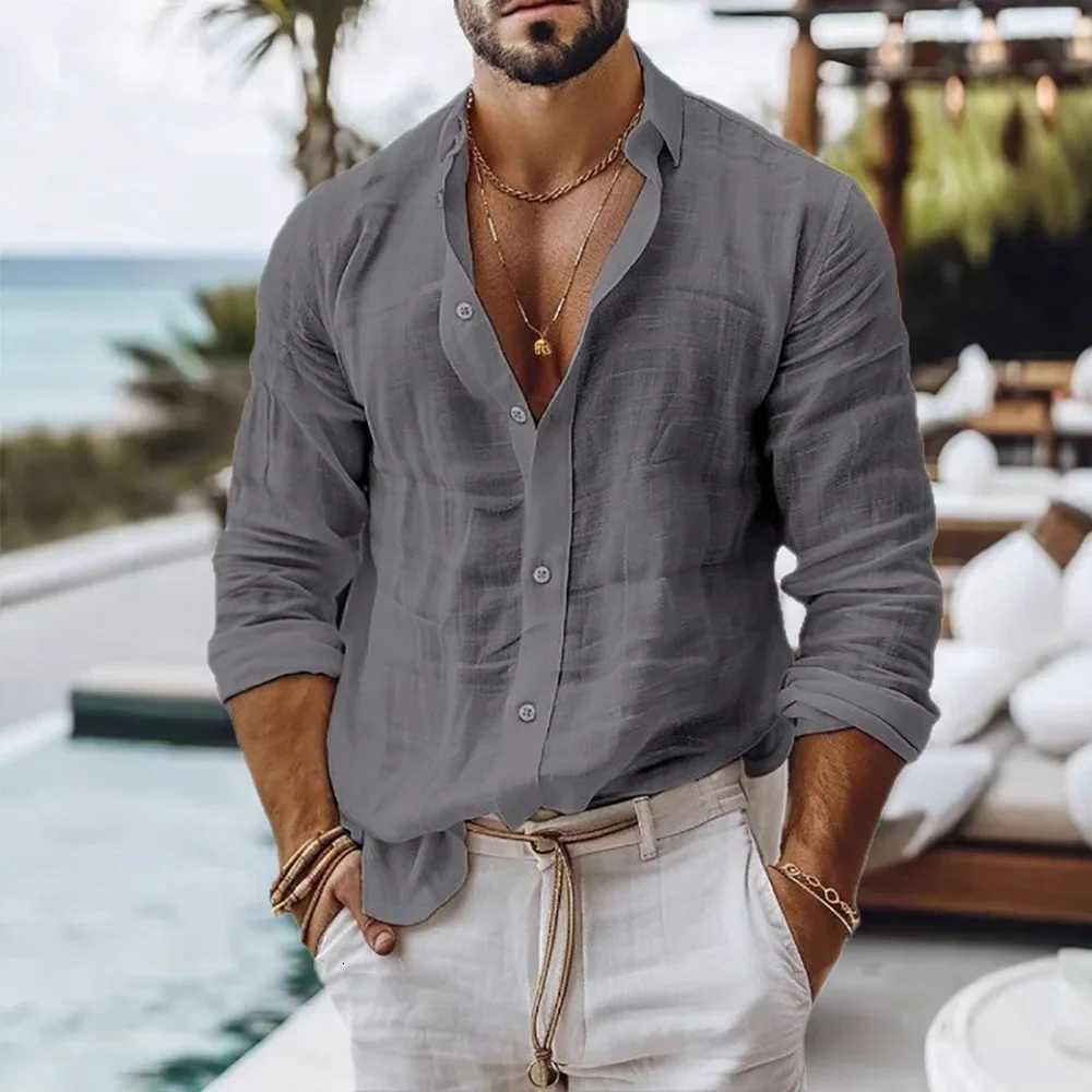100% Cotton Linen Shirt for Men Summer Beach Style Solid Color Single Breasted Breathable Shirts Lightweight Stylish Button Tops W250808