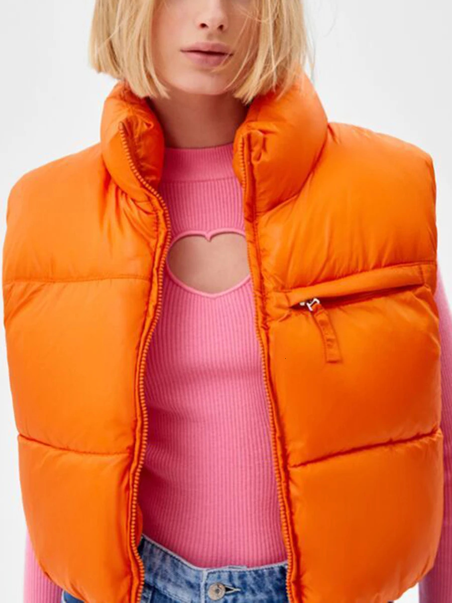 Fashion Women Cropped Puffer Vest Warm Solid Color Lightweight Sleeveless Zipper Down Jacket for Winter Outwear Streetwear 250804