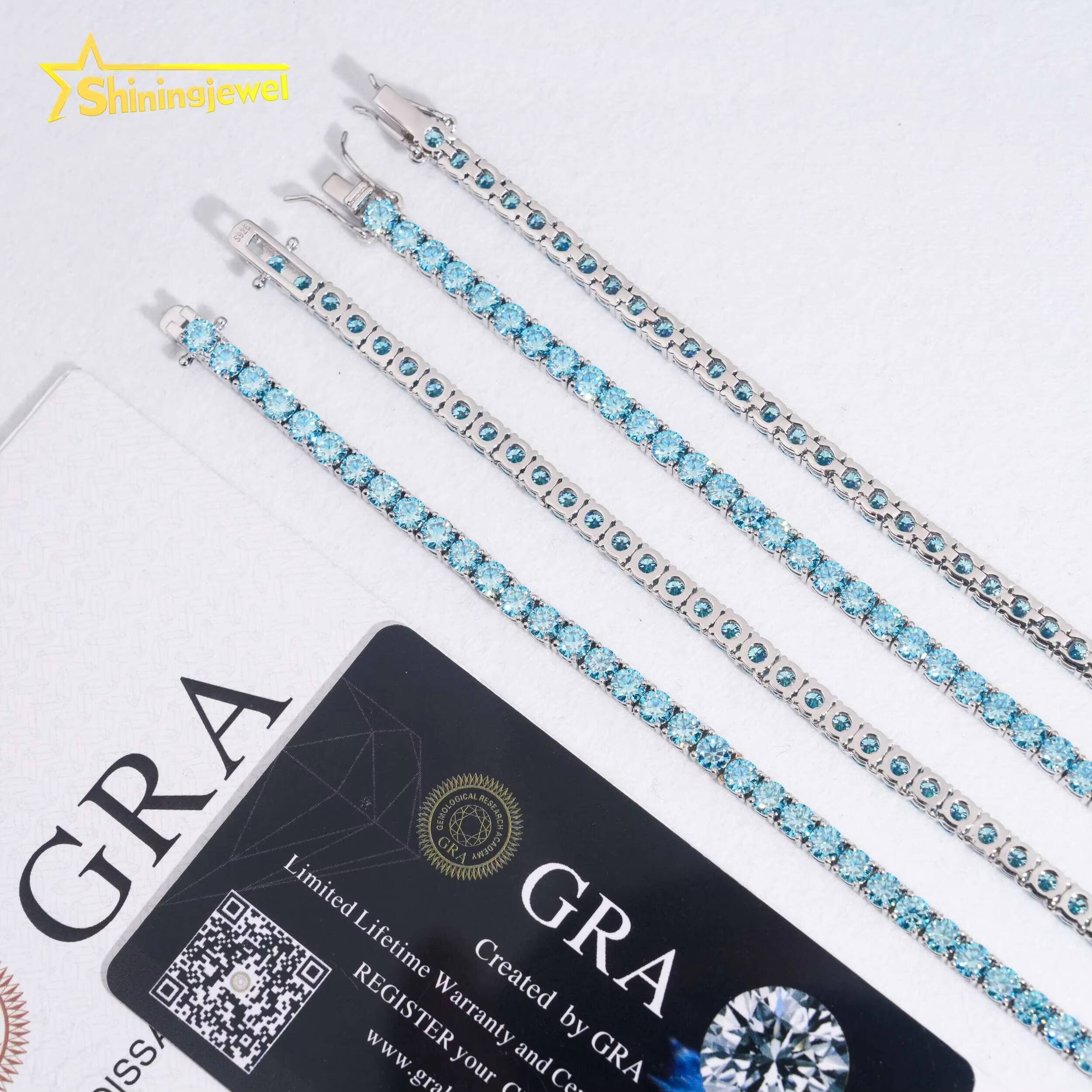 Pass Diamond Tester Hip Hop Jewelry 925 Sterling Silver Fashion Necklace 3mm 4mm Iced Out VVS Blue Moissanite Tennis Chain