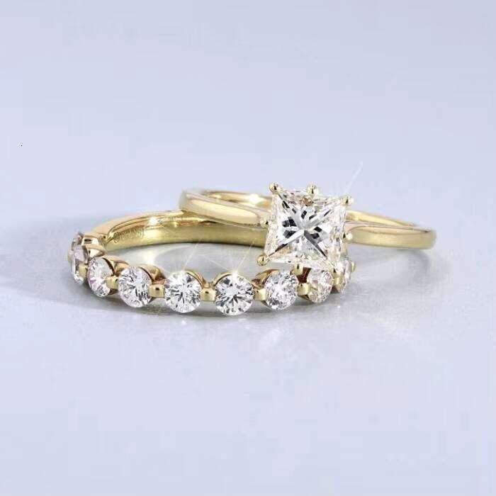 XingGuang Jewelry Trendy Band 14K Real Gold Wedding 1ct Solitaire Princess VVS Moissanite Engagement Ring Set for Women