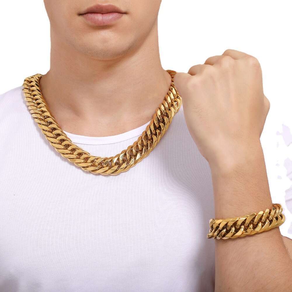 Hip Hop Men's Stainless Titanium Steel Thick Necklace Double Weave Six-Sided Polished Cuban Chain