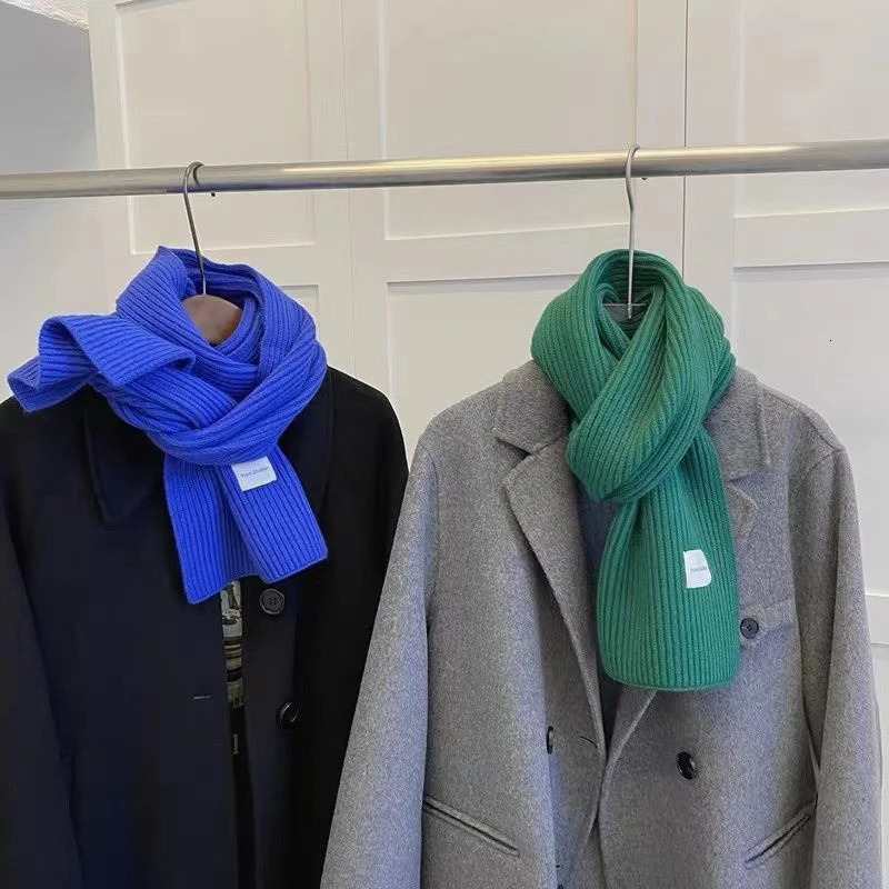 RICYGVM Solid Color Woolen Knitted Scarf For Women Windproof Warm Scarves Blue Neck Collar Winter Korean Girl Cross Neckerchief 250807