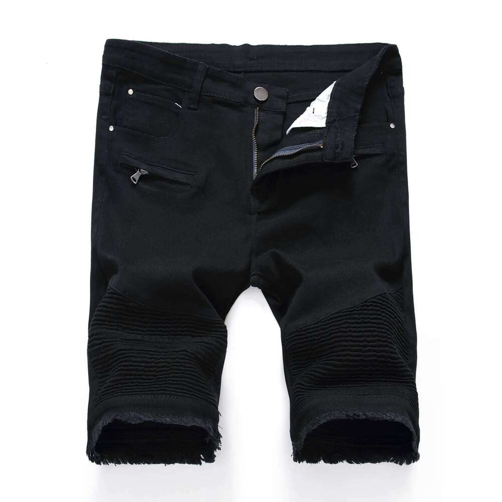 2025 Summer New Men's Jeans Pleats and Holes Decorated Shorts, Men White Black Blue Red Denim Shorts