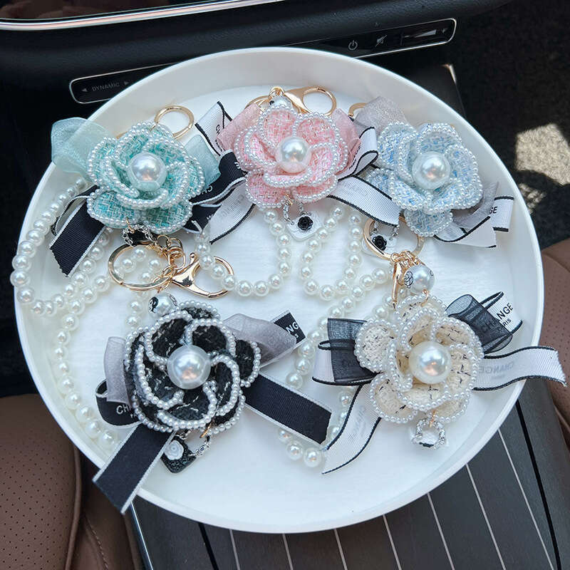 Creative Camellia Bow Bag Pendant Fashion Pearl Chain Korean Style Car Keychain Women's Ring