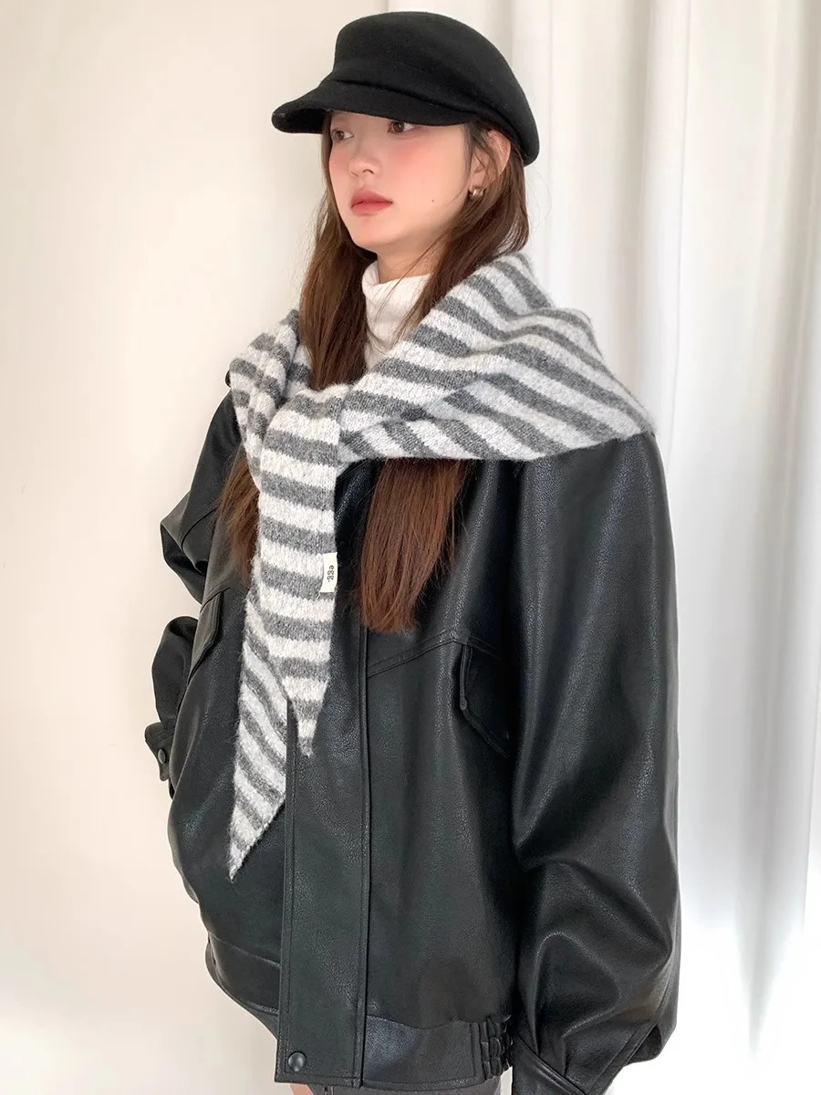Womens Korean-Style Simple And Versatile Wool Striped Triangular Scarf 250807