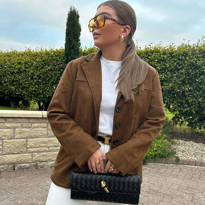 High Street Suede Jacket Cardigan Womens Long Sleeve Loose Lapel Solid Color Fashion Retro For Women Jacket Autumn and Winter 250805