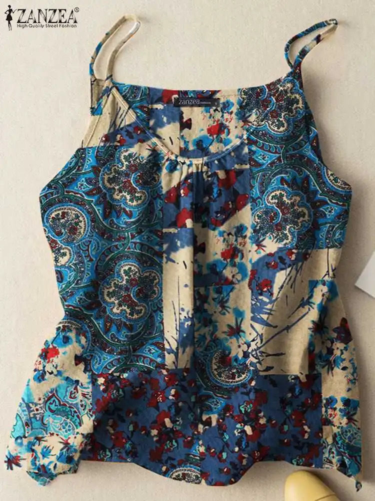 ZANZEA 2023 Summer Women Tanks Camis Cotton Sleeveless Printed Oversized Tops Baggy ONeck Floral printed Blusas Tunic Tee 250807