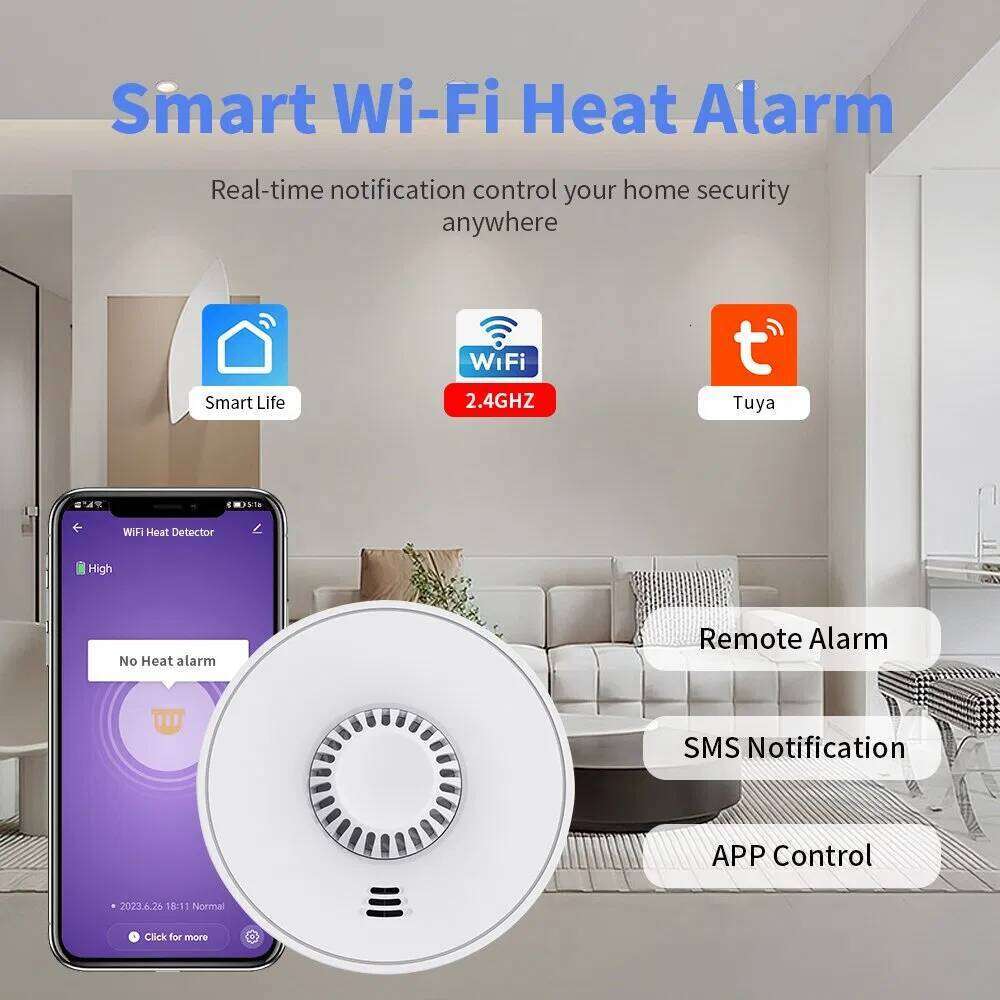 Heat Detector Sealed 10-Year Li-Battery, Reliable Wi-Fi Alarm Tuya APP VH01W