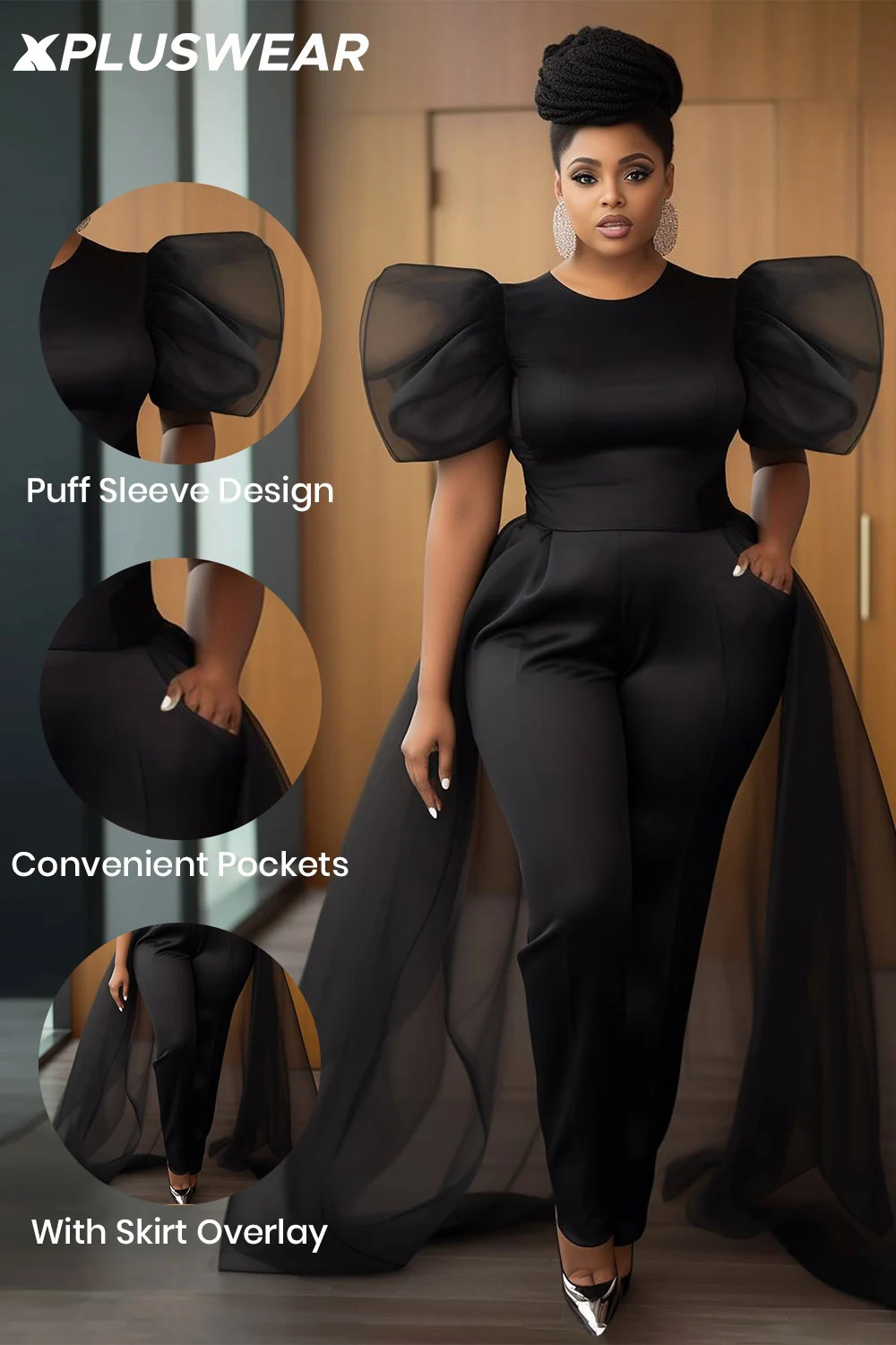 Plus Size Formal Black Round Neck Puff Sleeve Short Detachable Overskirt Pocket Tulle Jumpsuits 250807