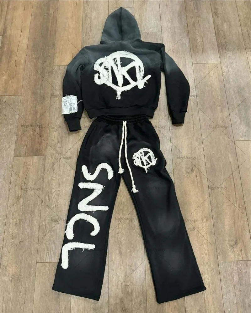 Streetwear Mens Sets Hip-hop Harajuku Retro Trendy Oversized Sweatshirt Y2K Gothic Punk Casual Rock Loose Wide-leg Pants 250805