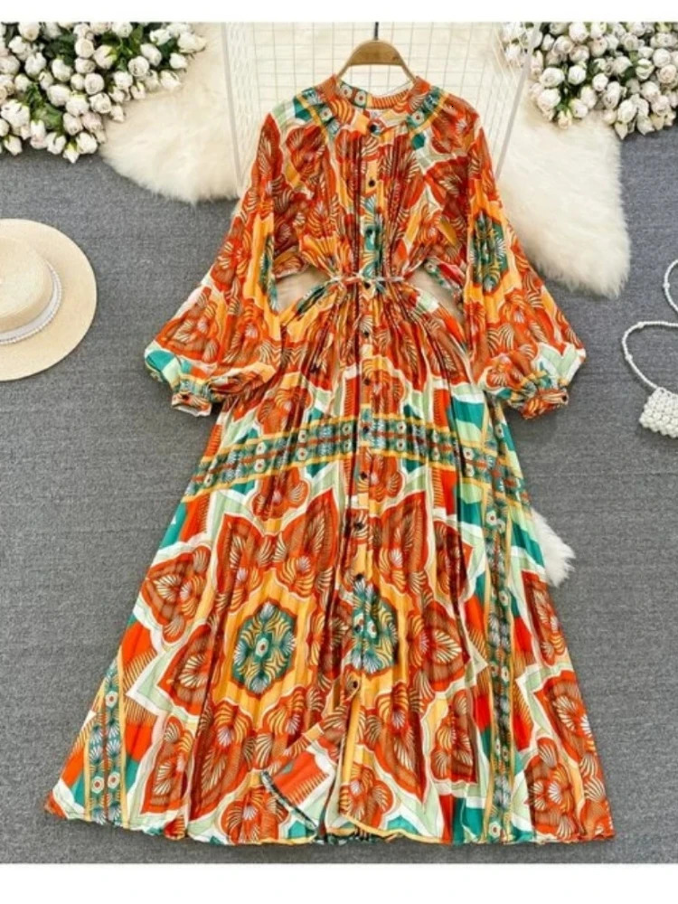 Women Print Dresses Lantern Sleeve Single Breasted Long Dresses Cinch Waist A Line Splice Vestidos Elegant Ladies Summer 250728