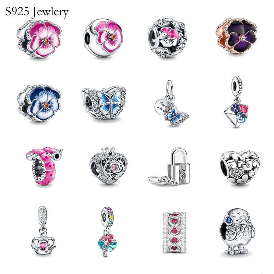 New Popular 925 Sterling Silver European Fashion Spring Pink Flower Friend Clip Envelope Curly Caterpillar Beads For Charm Bracelet Jewelry