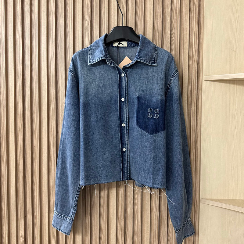Luxury Cropped Women Denim Blouse Shirt Designer Letter Embroidered Blue Shirts Summer Vacation Street Style Birthday Tops