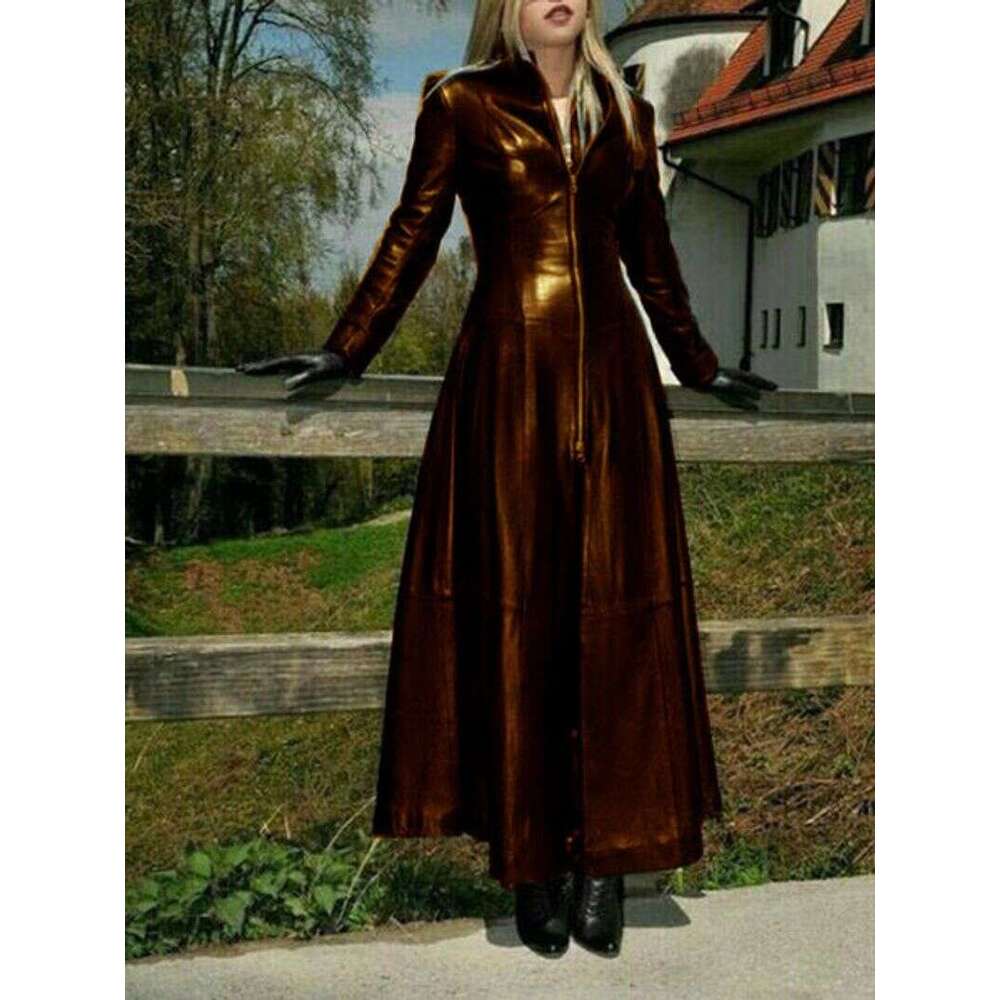 Women's Ultra Long Net Pu Small Stand Collar Leather fur Coat