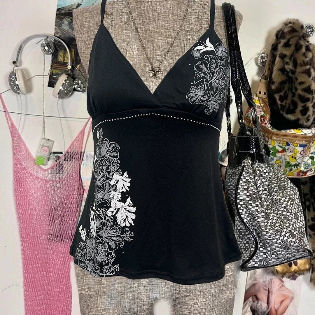 Y2K Vintage Black Suspender Top Harajuku Flower Graphic Print Rivet Mini Camis Cotton Gothic Sexy tie Summer Clothes 250807