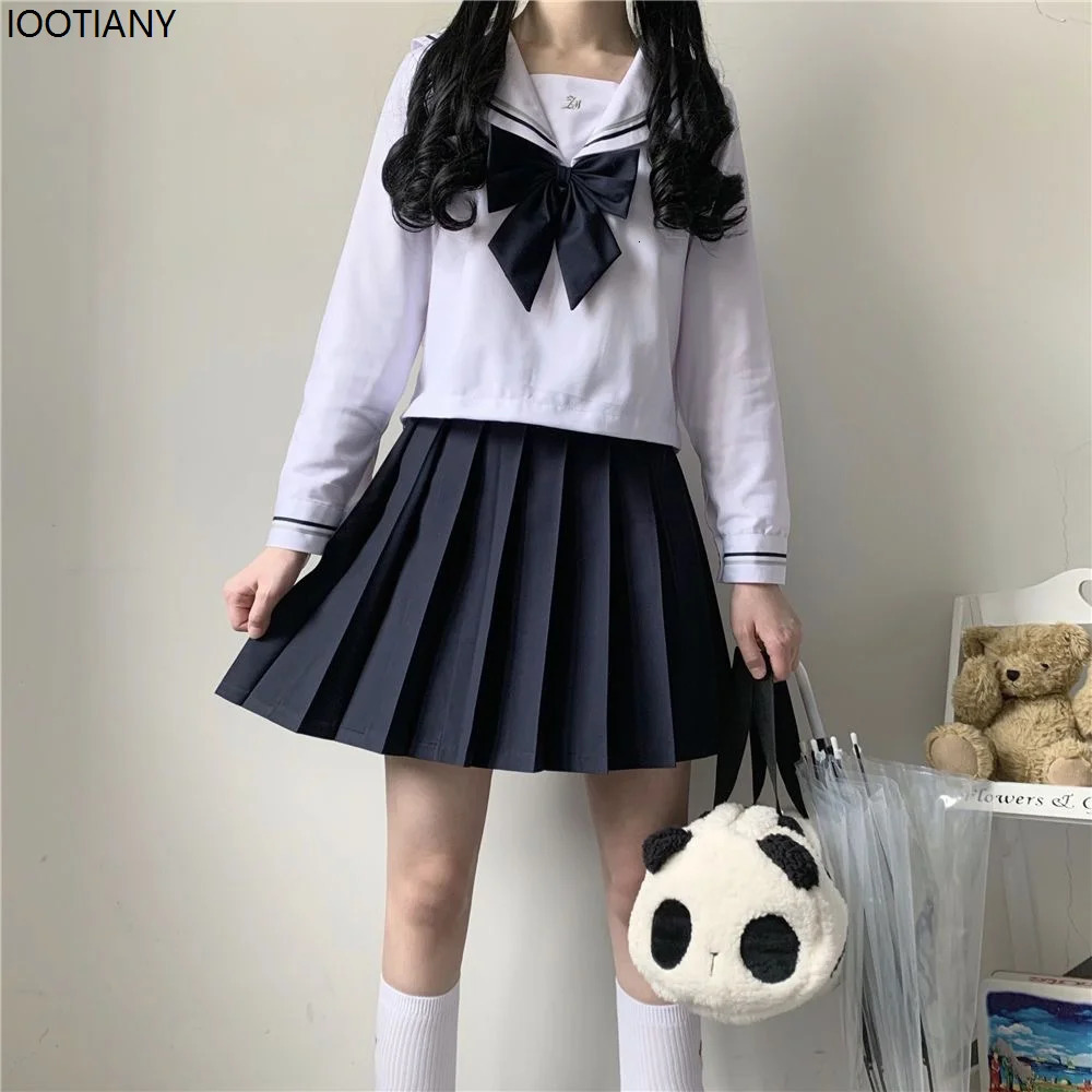 Japanese Female Student Jk Skirt Suit White Basic Style College Sailor Bow Pleated High School Uniform 250729