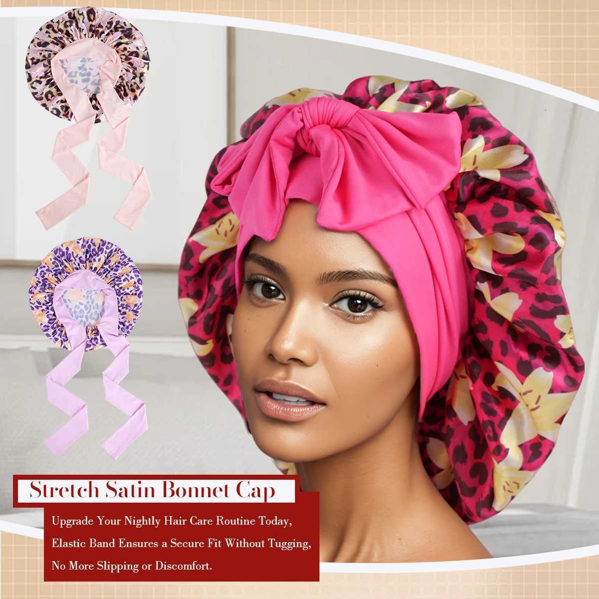 1PC Leopard Print Silky Satin Sleep Bonnet with Adjustable Tie Band for Natural Curly Hair Night Shower Hair Cover Z250808