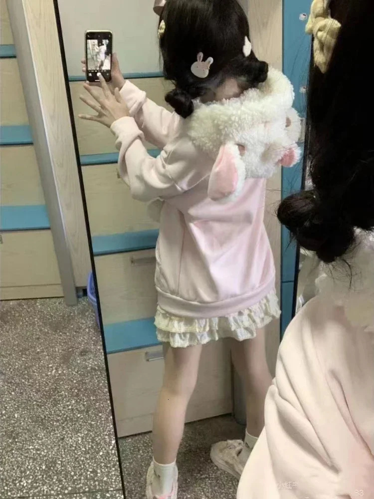 Japanese Sweet Hooded Cardigan Sweatshirt Embroidery Women Cute Jacket Spring Autumn Coat Y2k Kawaii Outerwear 250808