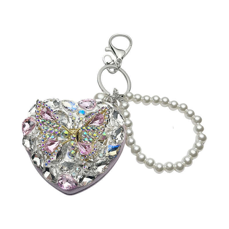 New 3D Butterfly Glass Diamond Heart Keychain Creative Crystal Portable Folding Mirror Bag Pendant for Women