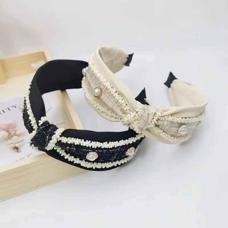 Korean Wide Edge Color Blocking Tweed Style Hair Accessories High Top Hair Band Vintage Simple Versatile Hair Clip Hair Accessory Y250808