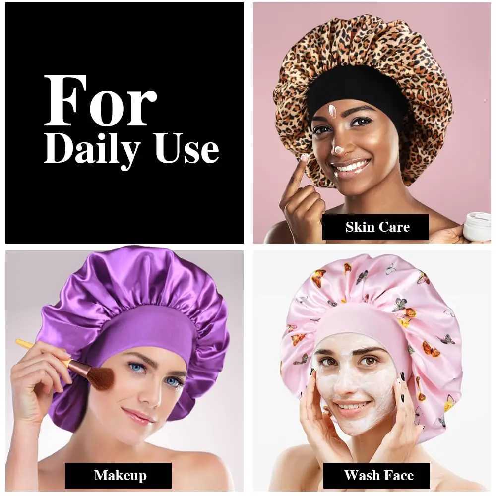 2pcs Womens Fashion Bonnet Large Wide Edge Elastic Hat Casual Silk Smooth Tint Suitable for Curly Straight Hair Sleeping Hat Z250808