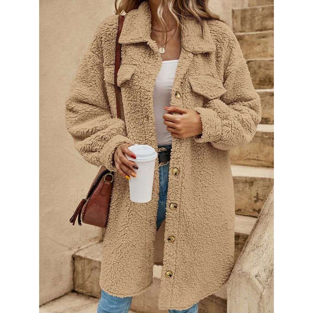 Women's open-button lapel plush loose temperament commuter long coat