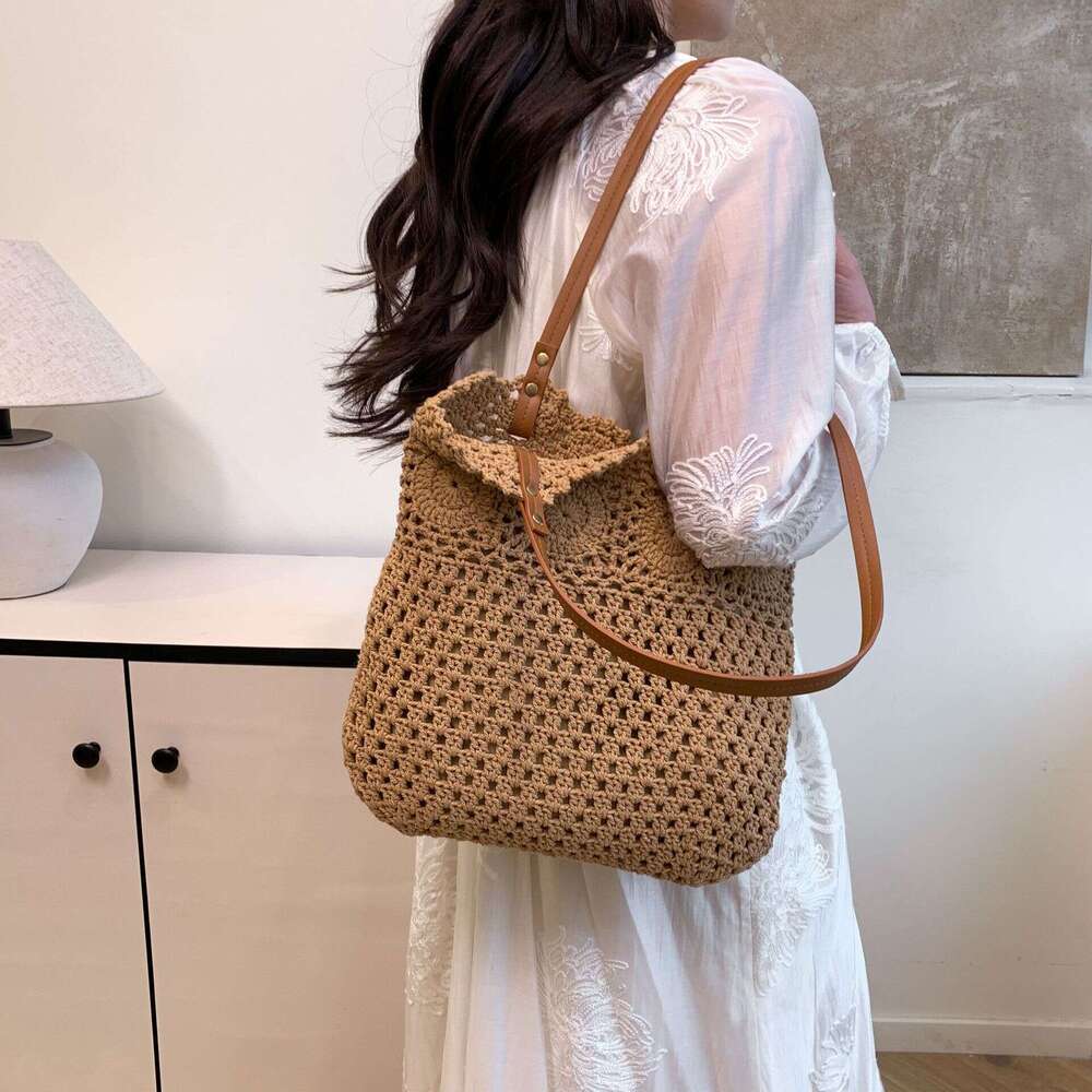 Korean Hollow Cotton Rope Woven Underarm Tote For Women New Handheld Bucket Vacation Beach Bag B5