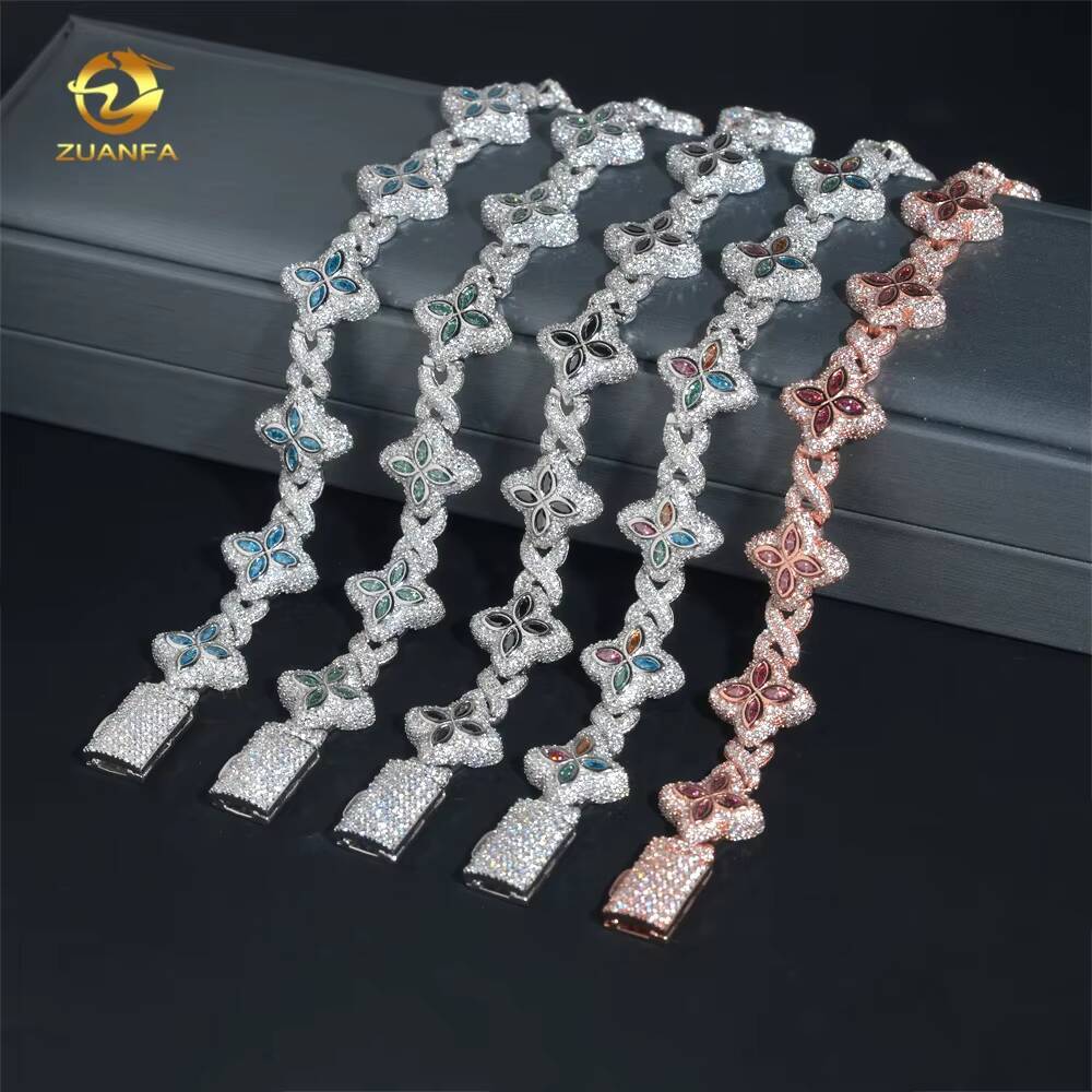 Hot Selling Colorful Hip Hop Iced Out Jewelry 15mm 925 Silver Clover Cuban Moissanite Infinity Link Bracelet for Men