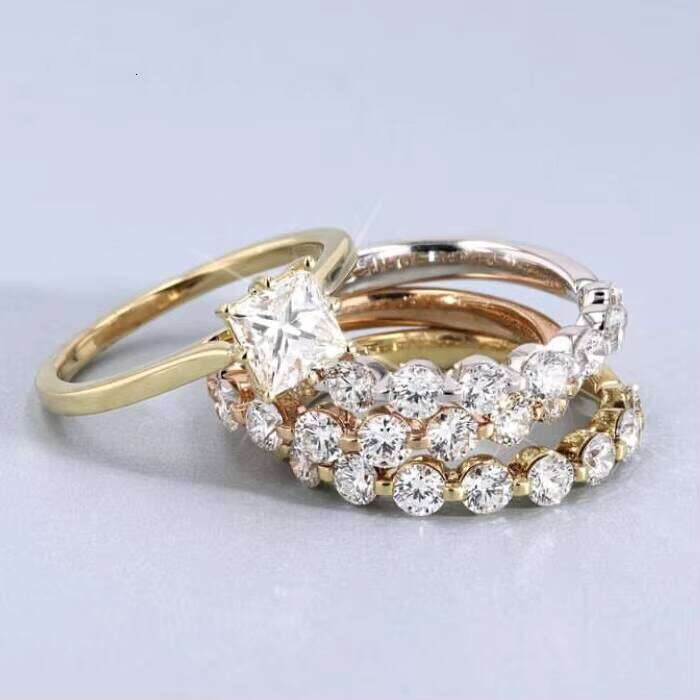 XingGuang Jewelry Trendy Band 14K Real Gold Wedding 1ct Solitaire Princess VVS Moissanite Engagement Ring Set for Women