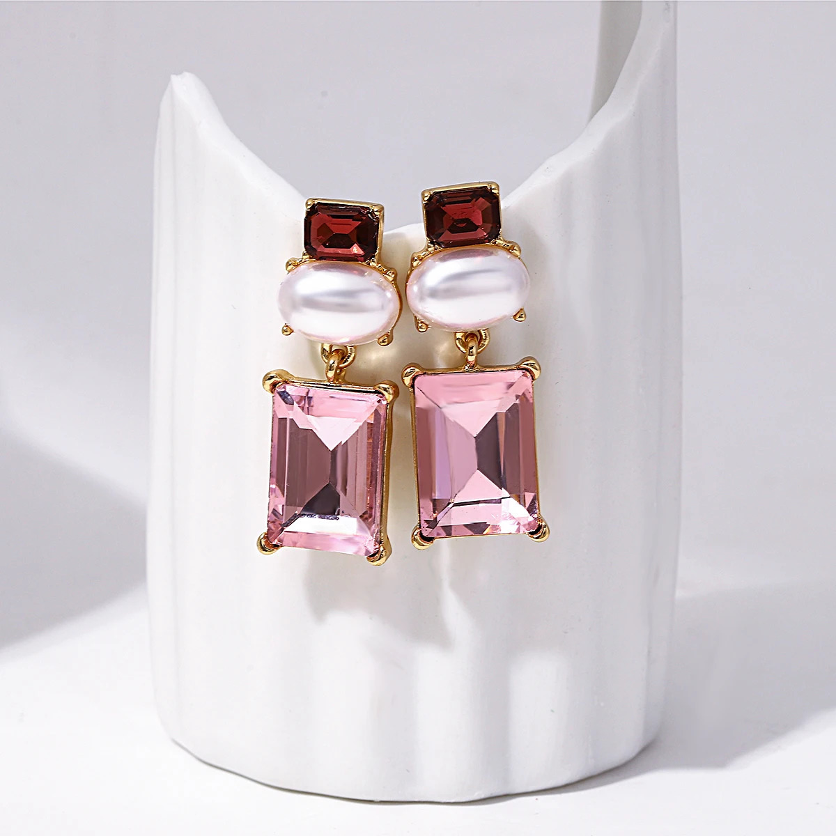 Lifefontier Pink Crystal Geometric Pearl Drop Earrings For Women Sweet Square Rhinestone Wedding Dangle Earring Party Jewelry 250807
