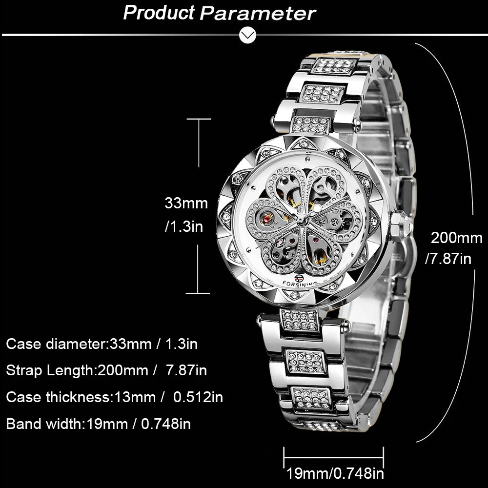 FORSINING Retro Elegant Women Automatic Mechanical Watch Skeleton Rhinestone Luminous Stainless Steel Stylish Female Wristwatch 250807