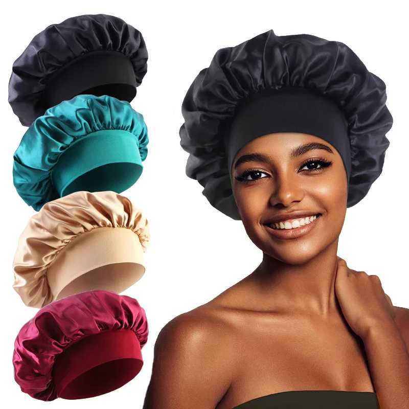 1PC Womens Satin Solid Bonnets Wide-brimmed Night Sleeping Bathing Hat Unisex Head Wrap Elastic Band Cap Hair Care Bonnet. Z250808