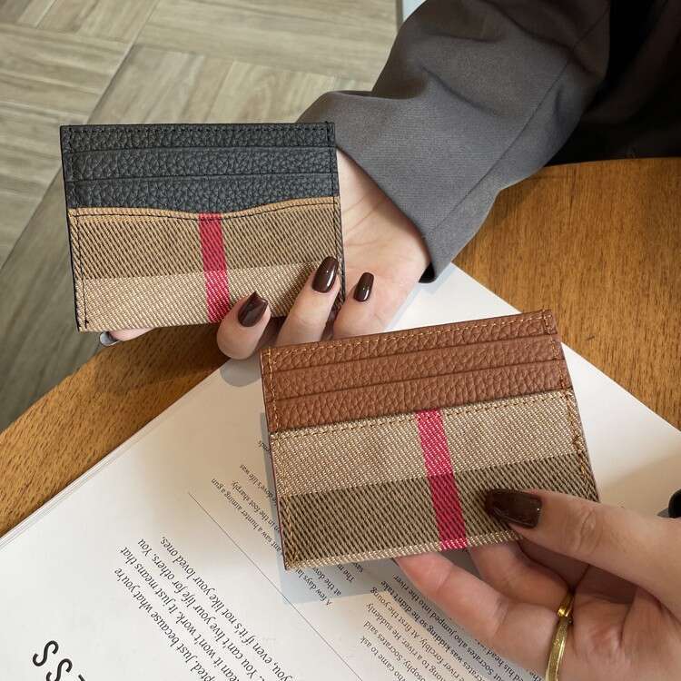 New Top Layer Cowhide Stitching Holder Ins Exquisite Small Plaid Multifunctional Card Coin Clip