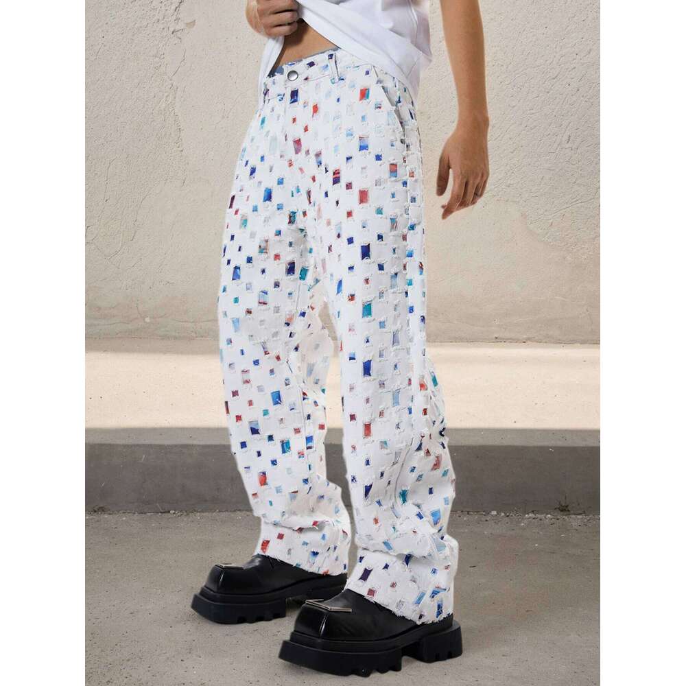 Straight Leg Streetwear White Baggy Jeans for Men Loose Fit Denim Pants Mid Waist Trousers