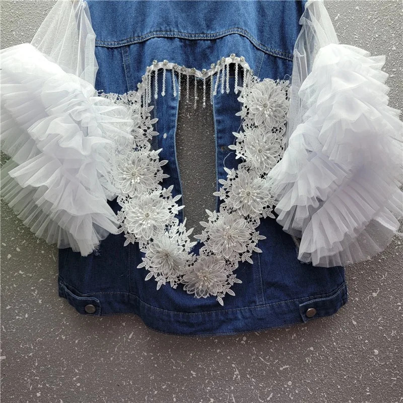 Tassels Lace Sticthing Denim Vest Coat Back Love Hollow Diamonds Fringed Embroidery Jeans Waistcoat Mesh Spliced Vests Tank Tops 250804