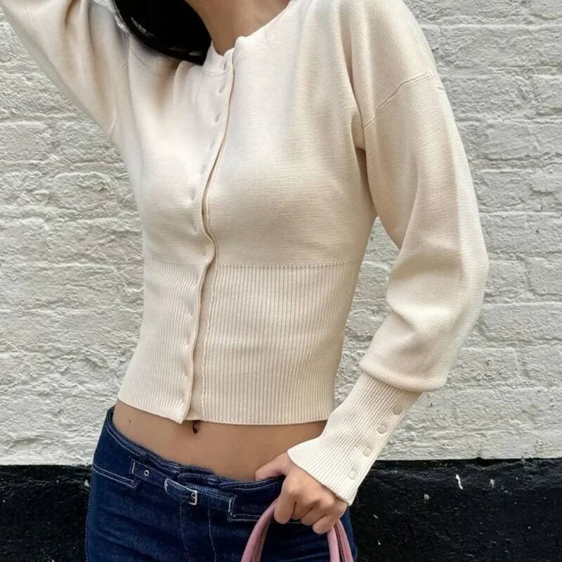 Women's High Waist Round Neck Single Breasted Cardigan Solid Long Sleeve Short Sweater Top Autumn Slim Bottoming Shirt dongdumaoyi