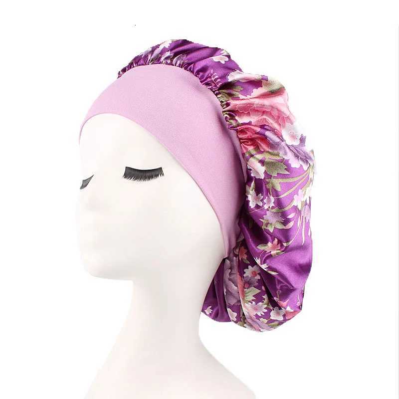 Floral Print Bonnets Women Night Sleeping Cap Wide Elastic Band Silky Headwrap Ladies Hair Cover Shower Bathing Makeup Hat Z250808