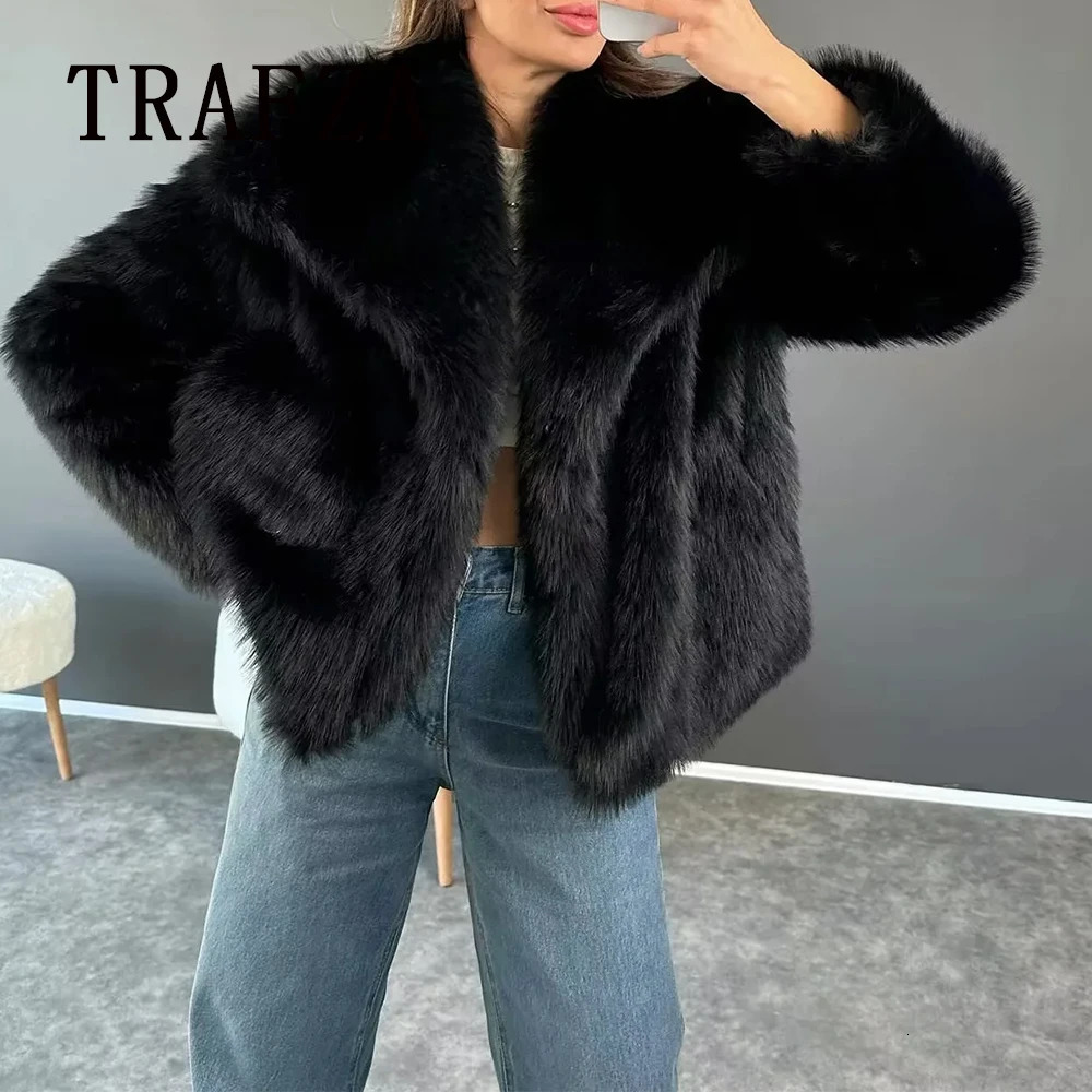 TRAFZA Autumn Winter Women Casual Faux Fur Jackets Fashion Streetwear Solid Oversized Turn Down Collar Elegant Thick Coats 250806