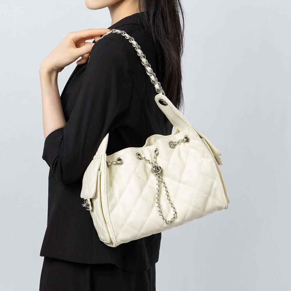 Quilted Genuine Leather Single Shoulder Underarm Caviar Pattern Large Capacity Hobo Bucket Drawstring Chain Crossbody Bag for Women
