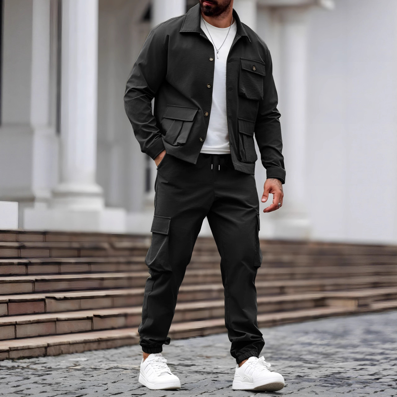 Fashion Solid Color Street Wear Trendy Slim Short Sleeve Lapel Shirt Pants Outfits Men Casual 2 Piece Sets black gray khaki