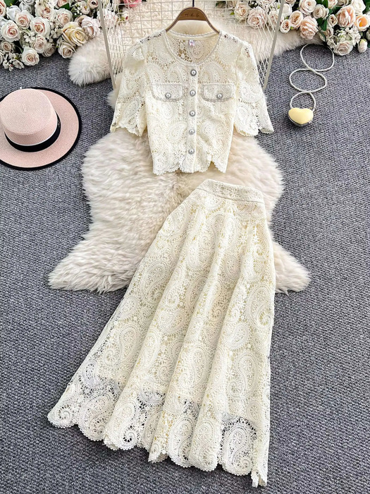 Elegant Pearl Long Dress Suits Women 2 Piece Sets Summer Short Sleeve Flower Embroidery Lace Shirt A Line Midi Skirt Sets 250728