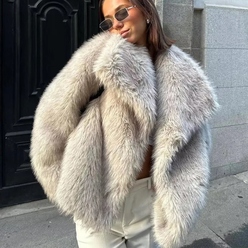 MUJER Faux Fur Coats Woman in coats Autumn Winter Fur Plush Fluffy Jacket Warm Red Gray Black White Fur Coat Outerwears 250806