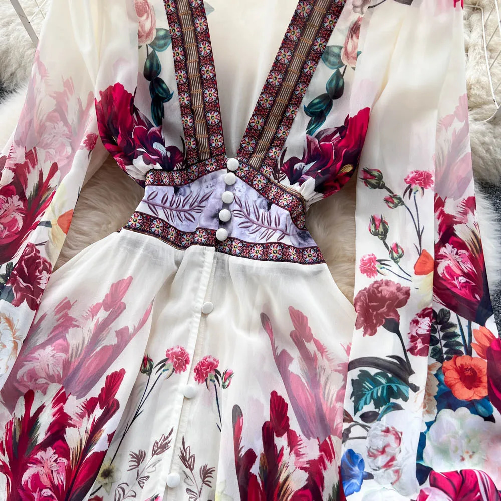Women Deep V-Neck Bohemian Style Dress Spring Summer Runway Long Sleeve Casual Floral Print Ruffles Sweet Cascading Vestidos 250728
