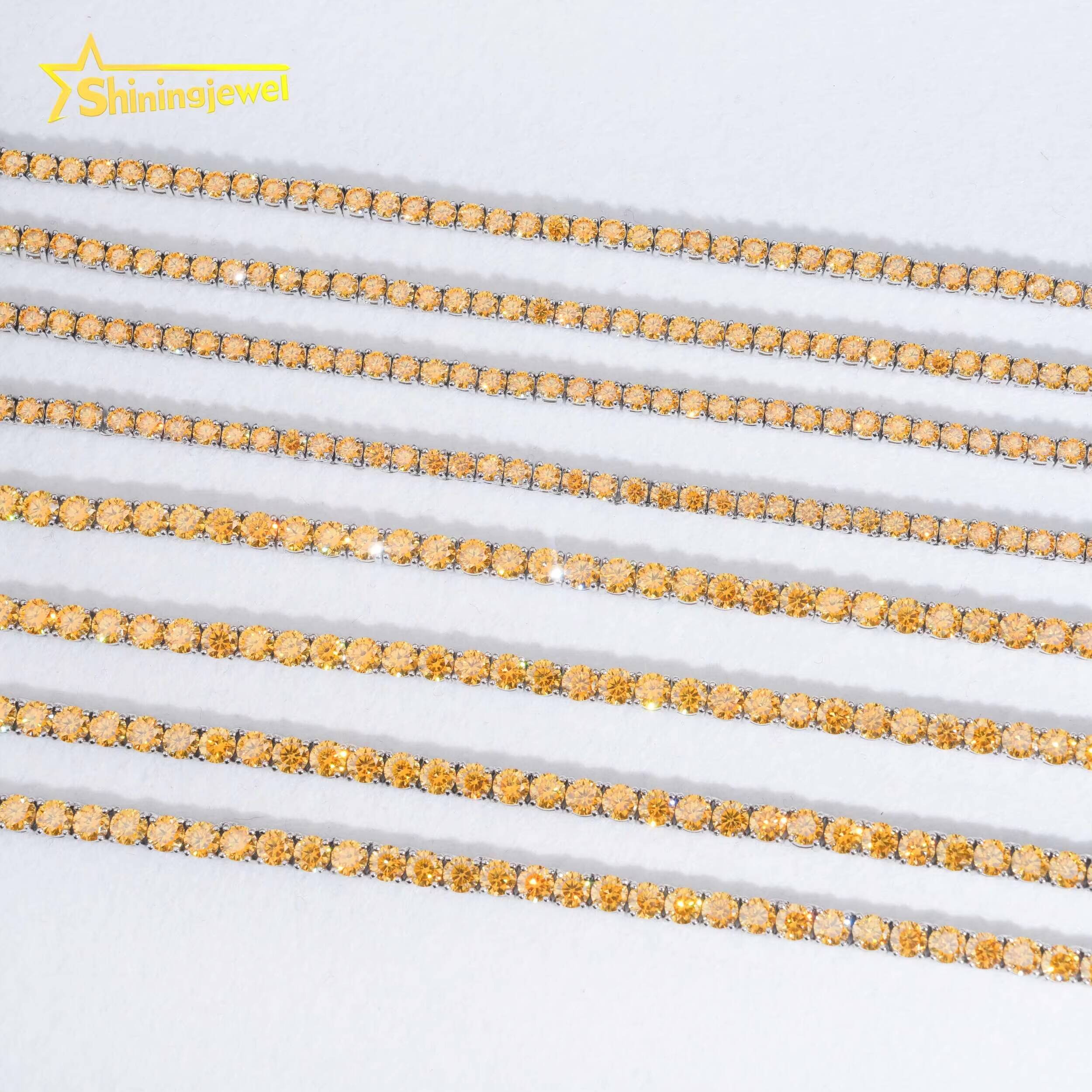 New Arrival 3mm 4mm Yellow Gold Moissanite Diamond Tennis Necklace 925 Silver Fashion Jewelry Hip Hop Tennis Chains Bracelet
