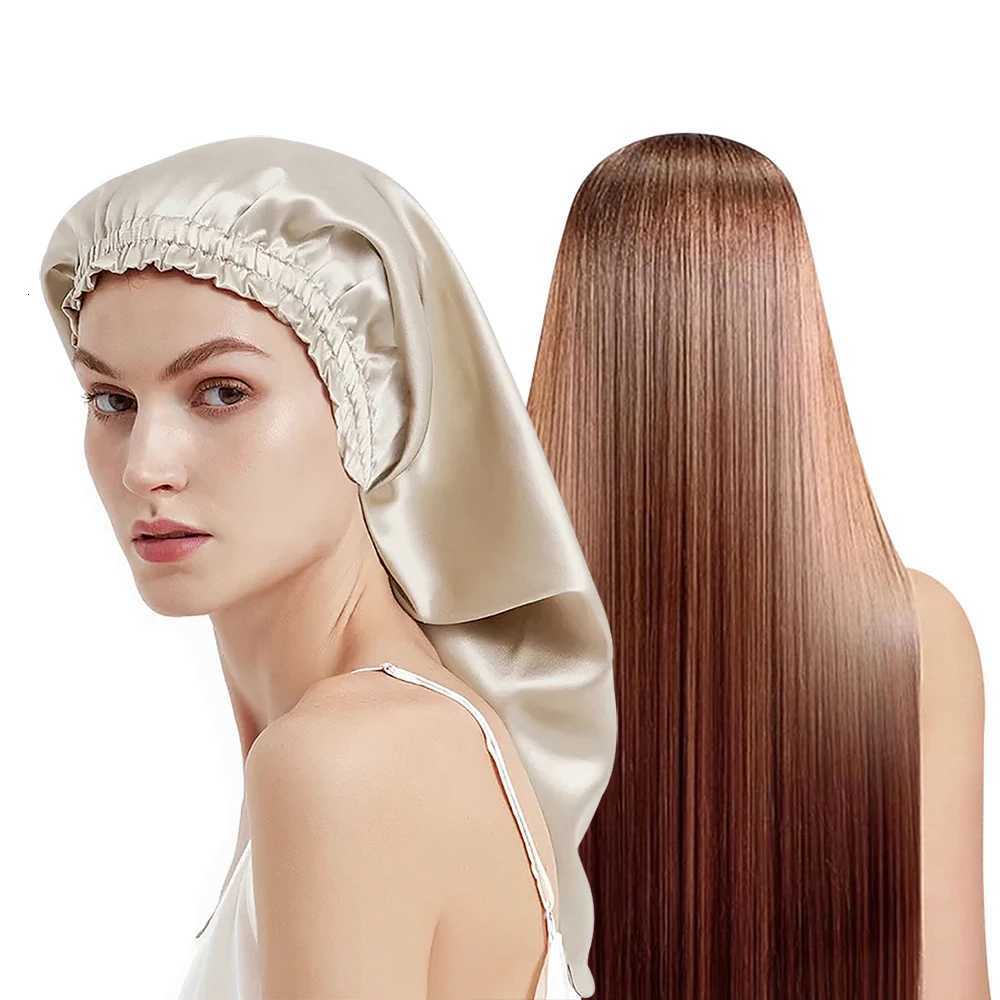 Pure Mulberry Silk Bonnet Sleep Hair Cap Long Bonnets Hair Wrap Adjustable Straps for Long Curly Hair Braid 19 Momme Z250808